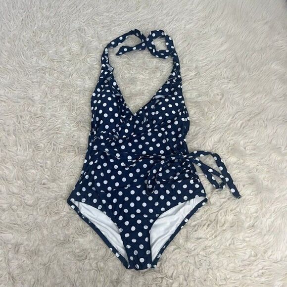 ModCloth NAVY POLKA DOT Reese Halter One-Piece Retro Swimsuit Size Large Pin Up - Picture 2 of 9